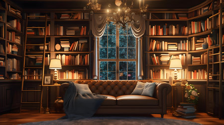 Interior of a living room with bookshelf and sofa. 3D renderingの素材