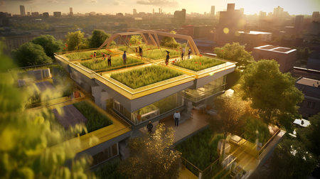 3d render of a modern building with a garden in the cityの素材
