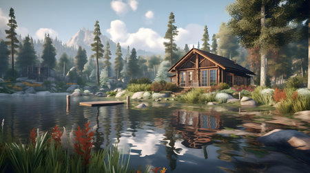 3d render of a lake with a wooden house in the backgroundの素材