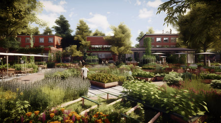 3d rendering of a garden with plants and trees in the backgroundの素材