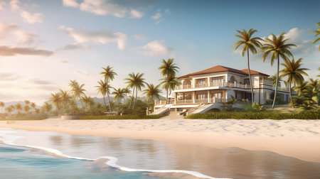 Hawaiian beach with palm trees and house. 3d renderingの素材