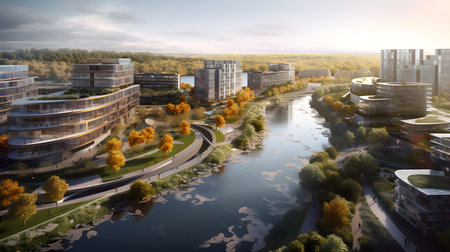 Modern city landscape with river and buildings. 3d render illustration.の素材