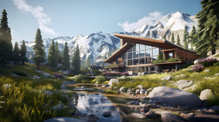 3D render of a wooden house with mountains in the background.の素材