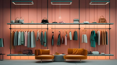 Women's clothing and accessories on hangers in modern dressing room. 3d renderingの素材