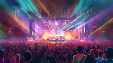 Concert crowd in front of bright stage lights, music festival conceptの素材