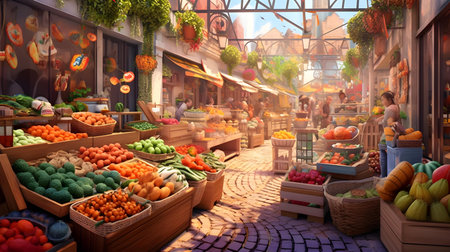 Fruits and vegetables at the market in the evening. 3d renderingの素材