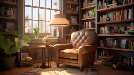 Comfortable armchair and bookshelf in living room. 3d renderingの素材