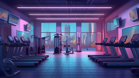 Interior of a modern gym with fitness equipment, 3D renderingの素材