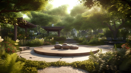 3d rendering of a Japanese garden with a lot of greeneryの素材