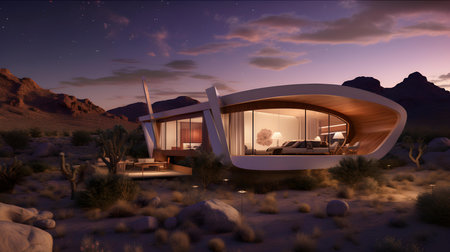 3D rendering of a modern house in the desert at night.の素材