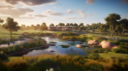 Golf course at sunset. 3D rendering. Conceptual illustration.の素材