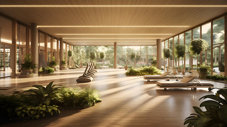 modern living room with wooden floor and green plants. 3d renderingの素材