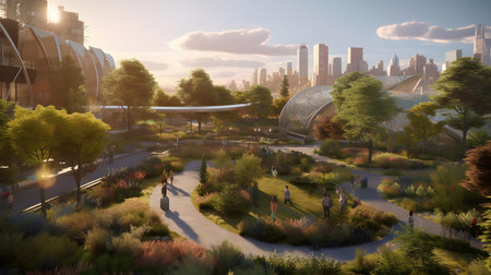 3D render of a city park with skyscrapers in the backgroundの素材
