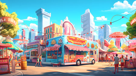 Cartoon city with amusement park and people on background. 3d renderingの素材