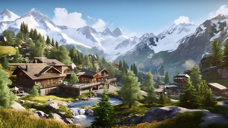 Beautiful panorama of the mountain village in the Swiss Alps.の素材