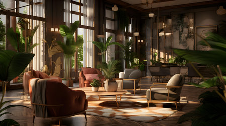 Modern living room with armchairs and plants. 3D rendering.の素材