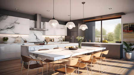 3d illustration of modern kitchen in a house with a beautiful designの素材
