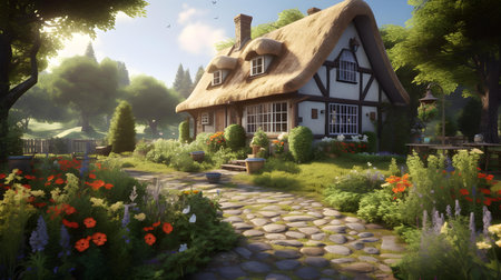 House in the garden. 3D rendering. Conceptual illustration.の素材
