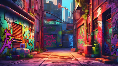 Futuristic city scene with colorful graffiti on the walls. 3d renderingの素材