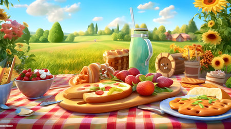 3d illustration of a picnic with waffles, fruits and berriesの素材