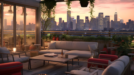 Cafe with a view of the New York City skyline. 3d renderingの素材