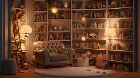 Interior of a living room with bookshelf and armchairの素材