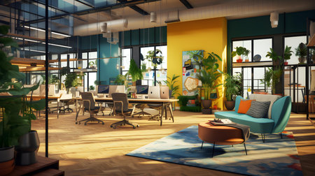 Modern office interior design. 3d rendering and illustration. Workplace concept.の素材
