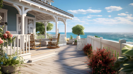 Balcony on the terrace overlooking the sea. 3d renderingの素材