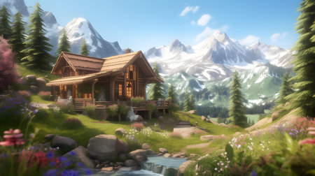 Wooden chalet in the meadow with flowers and mountains in the backgroundの素材