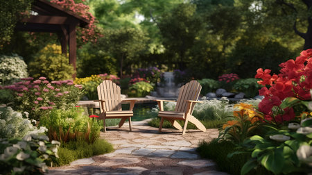 3D rendering of a patio in a beautiful garden with wooden chairsの素材