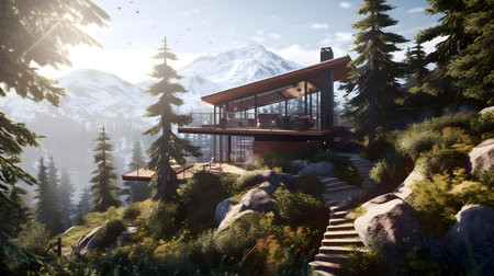 3D render of a mountain landscape with a chalet and a lakeの素材