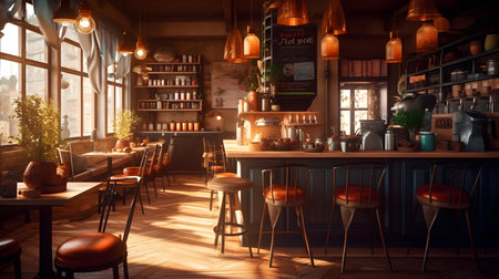 Coffee shop interior with tables and chairs, vintage tonedの素材