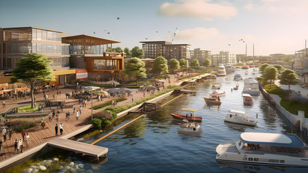 3D illustration of a cityscape with boats in the water.の素材