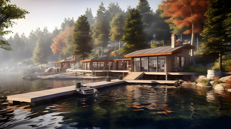 3D rendering of a lake with a wooden house in the backgroundの素材