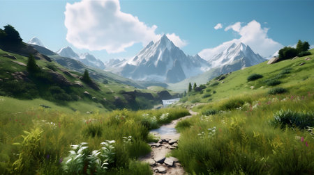 Mountain landscape with river and high peaks. 3D rendering.の素材