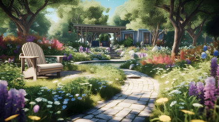 Digital painting of a garden with wooden chair in the middle of it.の素材