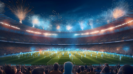 Football stadium with fans and fireworks at night. 3D renderingの素材