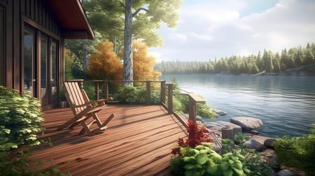 3D rendering of a wooden deck overlooking the lake in the woods.の素材