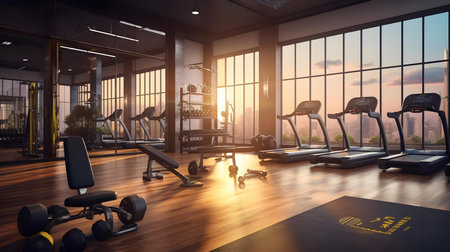 Modern gym interior with fitness equipment and city view. 3D renderingの素材