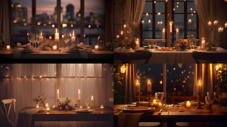 Set of beautiful table for wedding or other celebration in restaurant at sunsetの素材