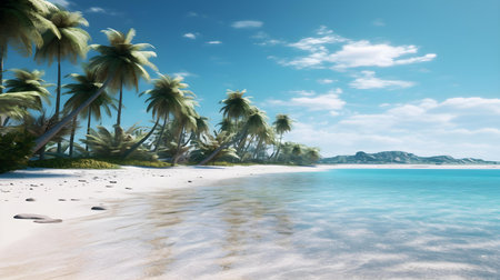 Tropical beach with palm trees and blue sky, 3d renderの素材