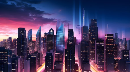 Futuristic cityscape with skyscrapers and road at nightの素材