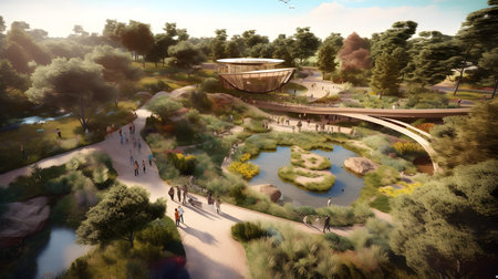 3D rendering of a city park with buildings and people walking aroundの素材