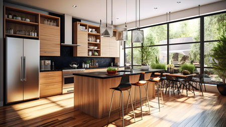 3d illustration of wooden modern kitchen in a house with a beautiful designの素材
