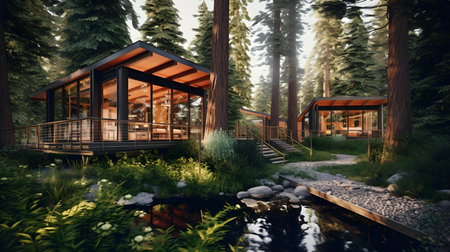 3d rendering of a log cabin in a forest with a pondの素材