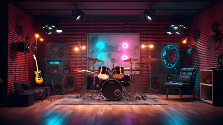 Drum kit in a room with neon lights. 3d renderingの素材