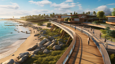 Wooden walkway leading to the beach at sunset. 3d renderingの素材