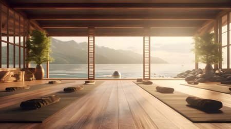 3d rendering of wooden terrace with sea view and mountain viewの素材