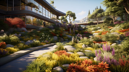 3d render of a beautiful botanical garden with a walkwayの素材