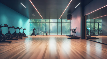 Modern gym interior with fitness equipment. 3d rendering toned imageの素材